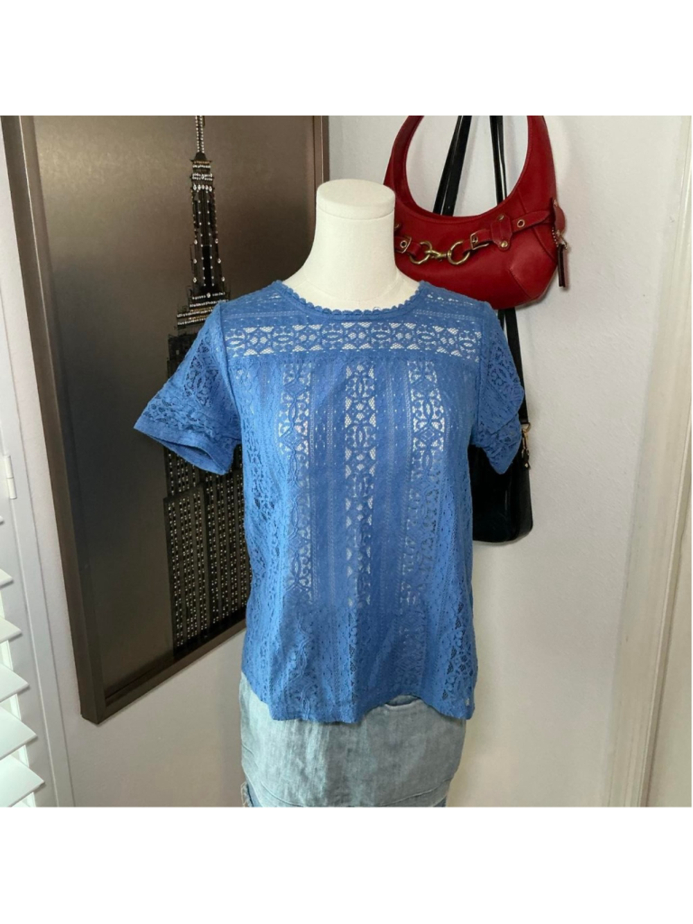 LOFT Blue Lace Short Sleeve Blouse Size XS